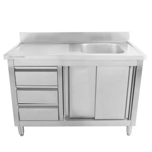 Meuble Plonge 1 Bac avec Dosseret et 3 Tiroirs - 1200 x 600 mm - Bac à Droite - Dynasteel
