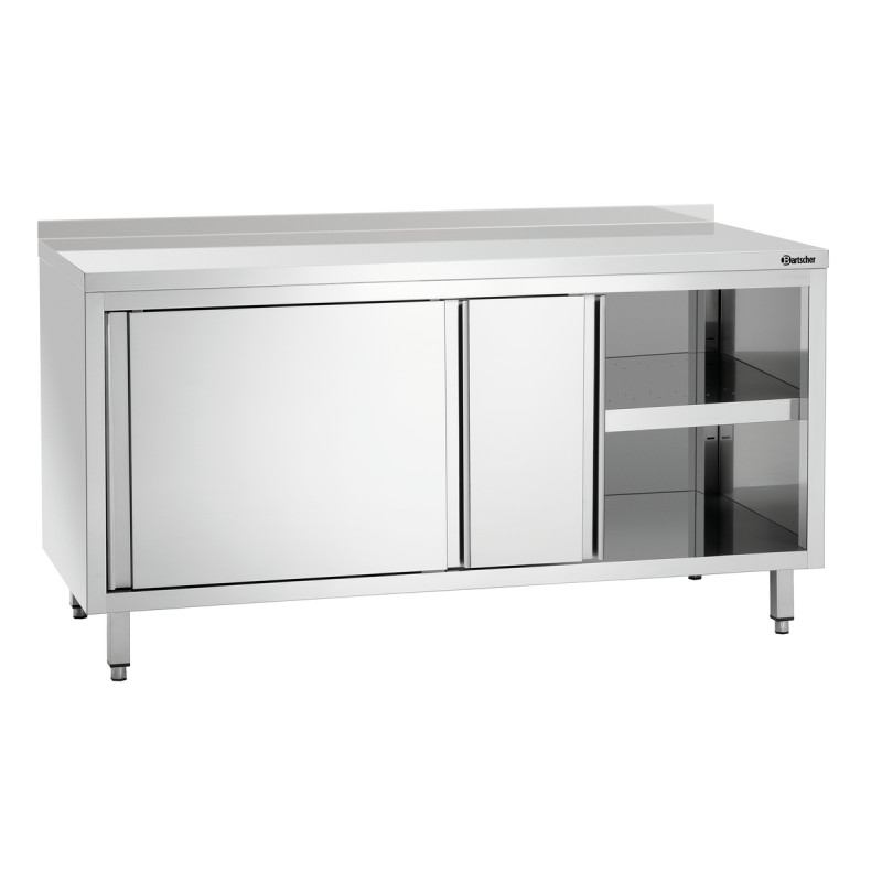 Meuble en Inox avec Portes Coulissantes, Etagère et Dosseret - L 1600 mm Meuble en Inox avec Portes Coulissantes, Etagère et Dosseret - L 1600 mm