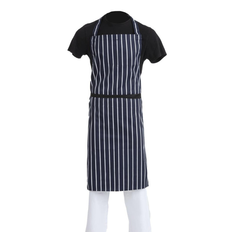 Extra Long Striped Navy Blue and White Bib Apron Without Pocket - Whites Chefs Clothing - Fourniresto Extra Long Striped Navy Blue and White Bib Apron Without Pocket - Whites Chefs Clothing - Fourniresto