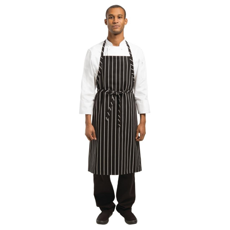 Premium Woven Bib Apron with Black and White Stripes - Chef Works - Fourniresto Premium Woven Bib Apron with Black and White Stripes - Chef Works - Fourniresto