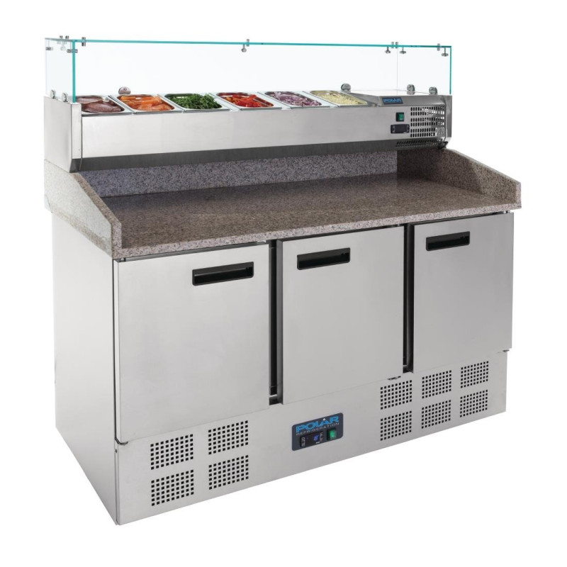 Comptoir de Préparation Pizza Réfrigéré 3 Portes 368 L - Polar - Fourniresto Comptoir de Préparation Pizza Réfrigéré 3 Portes 368 L - Polar - Fourniresto