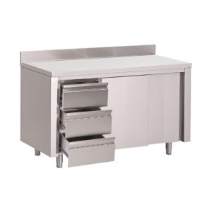 Table Armoire en Inox avec Dosseret 3 Tiroirs À Droite et Portes Coulissantes - L 1200 x P 700mm - Gastro M
