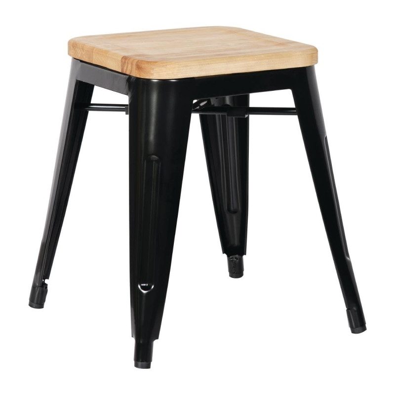 Taburetai Bistro Žemi Juodi Plieniniai su Medine Sėdyne - Komplektas iš 4 - Bolero