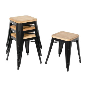 Taburetai Bistro Žemi Juodi Plieniniai su Medine Sėdyne - Komplektas iš 4 - Bolero