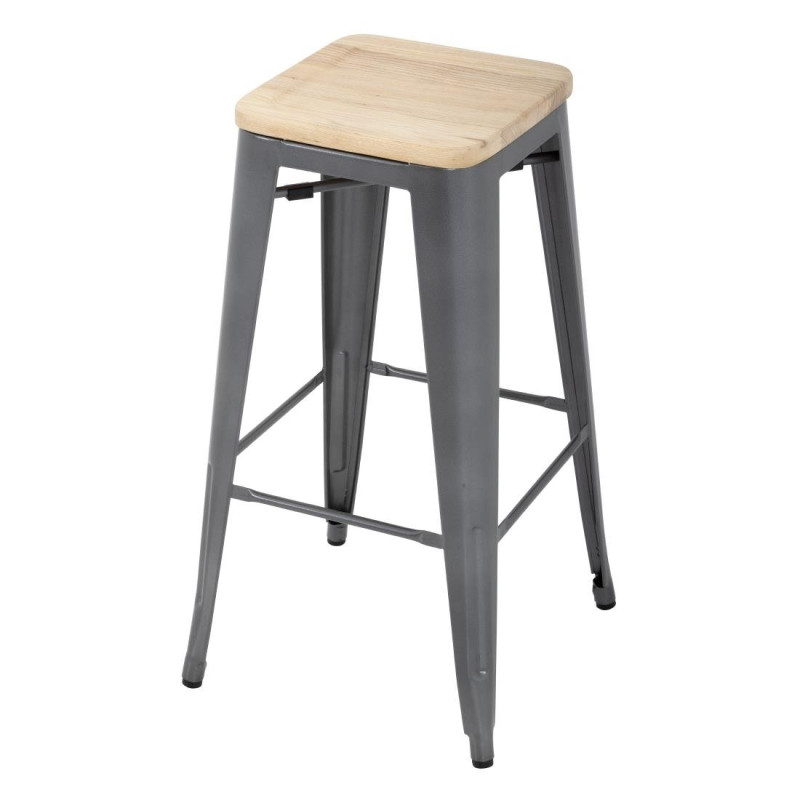High Bistro Stool in Grey Steel with Wooden Seat - Set of 4 - Bolero High Bistro Stool in Grey Steel with Wooden Seat - Set of 4 - Bolero
