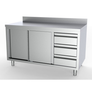 Nerūdijančio plieno apatinė spintelė su atlošu - 2 durys ir 3 stalčiai dešinėje - L 1400 x P 700 mm - CombiSteel
