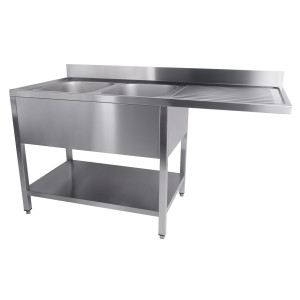 Plienamas 2 kriauklės ir praėjimas indaplovei dešinėje su atlošu ir nuimama lentyna - L 1600 x P 700 mm - CombiSteel