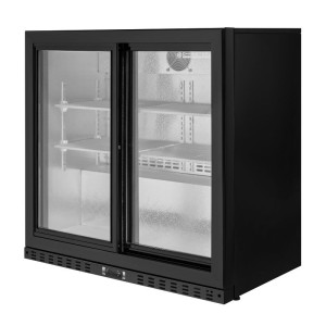 Compact refrigerated back bar with 2 glass doors for restaurant, bar, brewery.