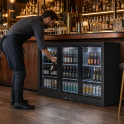Atgalinis baras šaldytuvas 320 L 3 stumdomos stiklinės durys
