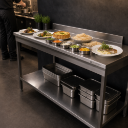 Nerūdijančio plieno stalas 1600x600 mm su atlošu ir apatine lentyna