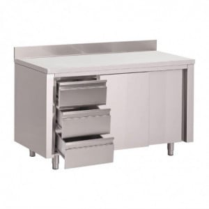 Table Armoire en Inox avec Dosseret 3 Tiroirs À Droite et Portes Coulissantes - L 1200 x P 700mm - Gastro M