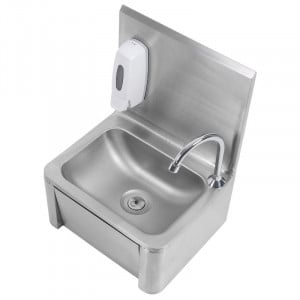 Stainless Steel Hand Wash with Knee Operated Control, Backsplash, and Soap