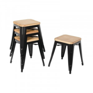 Taburetai Bistro Žemi Juodi Plieniniai su Medine Sėdyne - Komplektas iš 4 - Bolero