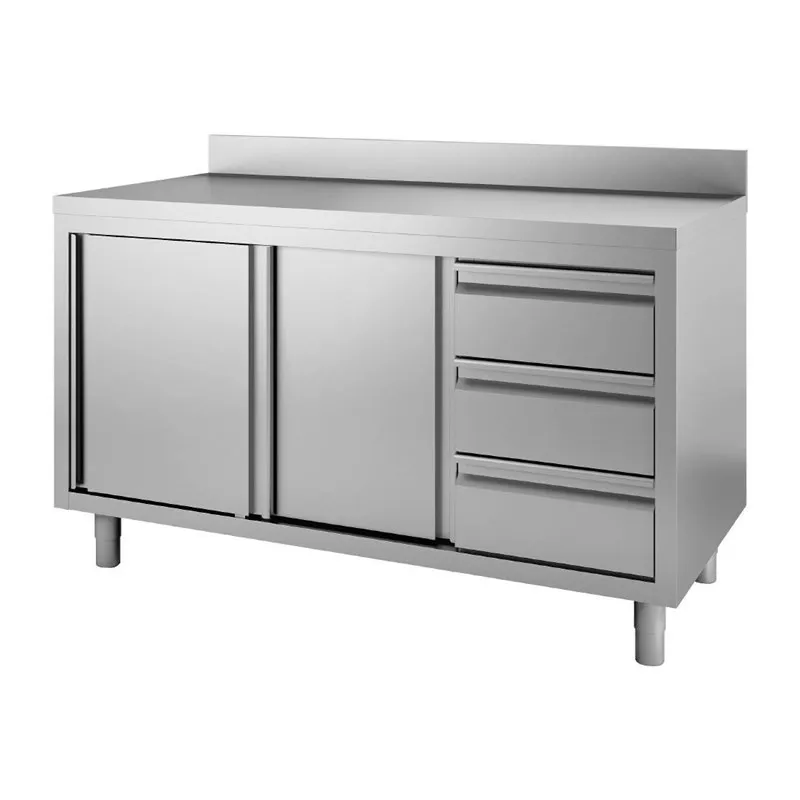 Nerūdijančio plieno spintelė su atlošu, 3 stalčiai dešinėje ir stumdomos durys - L 1200 x P 700mm