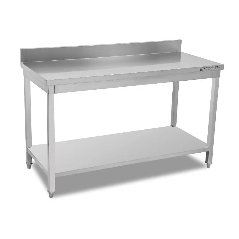 Profesionalus nerūdijančio plieno stalas 1400 x 600 mm su atbraila ir apatiniu lentyna, aukštis 950 mm, AISI 201