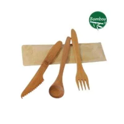 Couverts en Bambou Luxe - Kit 4 Pièces : Couteau, Fourchette, Cuillère et Serviette - Lot de 200