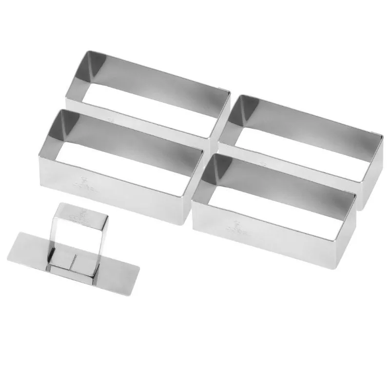 Stačiakampis nerūdijančio plieno konditerijos rėmelis su stūmikliu - 90 x 30 mm - 4 vnt. rinkinys
