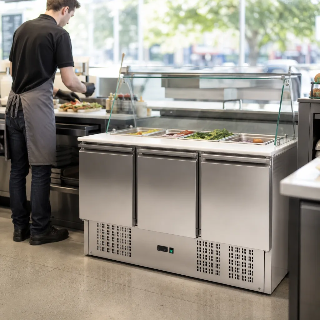 Šaldoma saladetė 248 L, 3 varstomos durys, stiklo vitrina, +2/+10 °C, statinis šaldymas R290