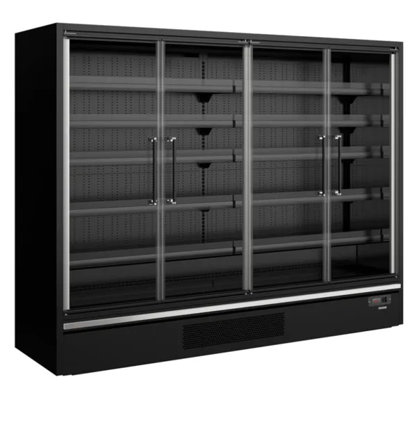 Juoda prekybos centro šaldymo vitrina - 4 stiklinės durys - 1258 L